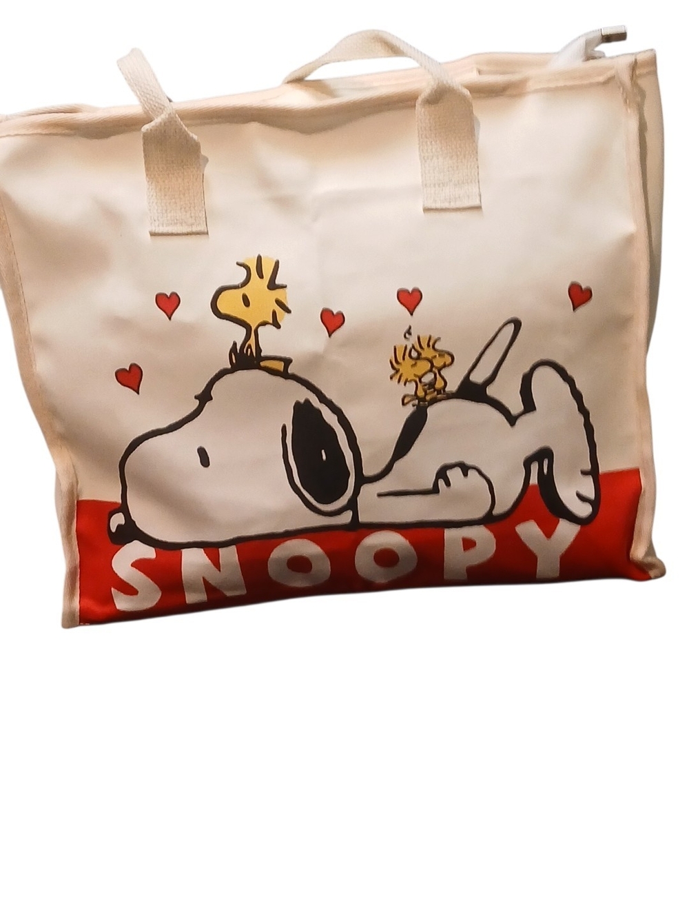 Peanuts -ECO Friendly Large Canvas Bag,  Snoopy Laying Down in Red, Nylon Pocket